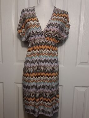 Cristinalove Chevron Zigzag Midi Dress in Brown, Blue, Purple & Cream